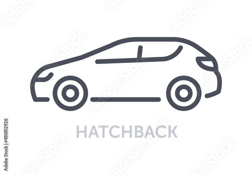 Vehicles types concept. Minimalistic linear hatchback icon. Silhouette of car body. Stylish automobile for driving on city road. Cartoon flat vector illustration isolated on white background