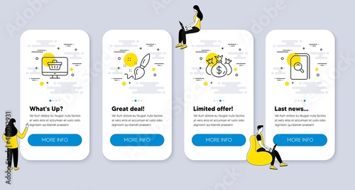 Set of line icons, such as Check investment, Paint brush, Web shop icons. UI phone app screens with people. Search files line symbols. Business report, Creativity, Shopping cart. Vector