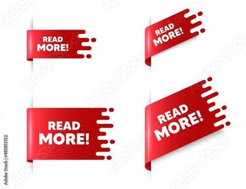 Read More text. Red ribbon tag banners set. Navigation sign. Get description info symbol. Read more sticker ribbon badge banner. Red sale label. Vector
