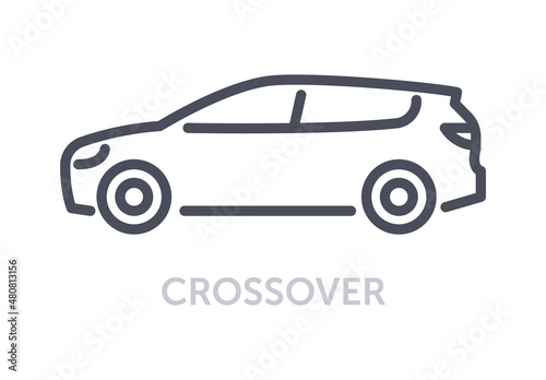 Vehicles types concept. Minimalistic icon with crossover. Stylish car for family and driving on city road. Different silhouettes of cars. Cartoon flat vector illustration isolated on white background