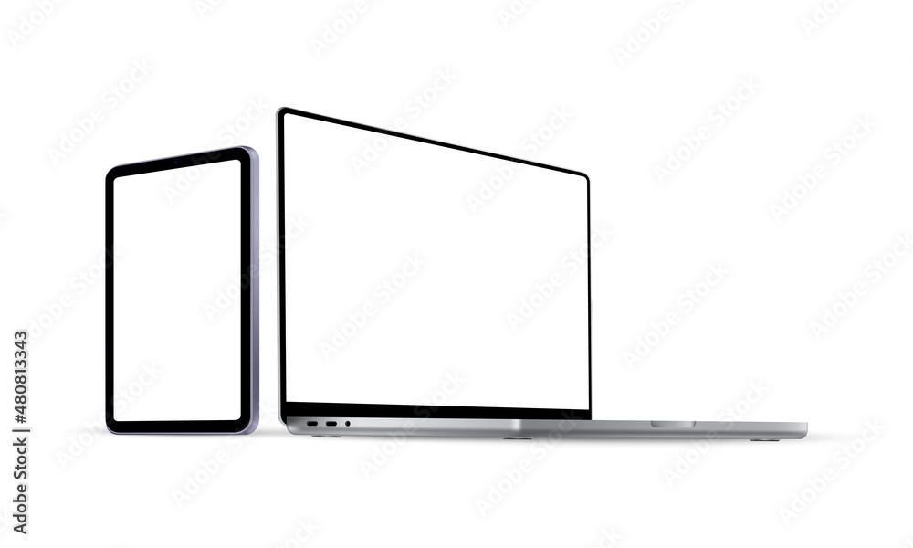 Laptop and Tablet Mockup With Perspective Side View, Isolated on White Background. Showcase Your Website or Mobile Design Project. Vector illustration Laptop and Tablet Mockup With Perspective Side View, Isolated on White Background. Showcase Your Website or Mobile Design Project. Vector illustration