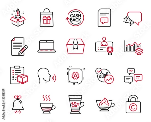 Vector Set of line icons related to Cogwheel, Parcel checklist and Notebook icons. Package box, Certificate and Statistics signs. Doppio, Cashback and Bell. Megaphone, Startup and Human sing. Vector