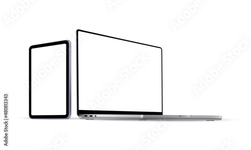 Laptop and Tablet Mockup With Perspective Side View, Isolated on White Background. Showcase Your Website or Mobile Design Project. Vector illustration
