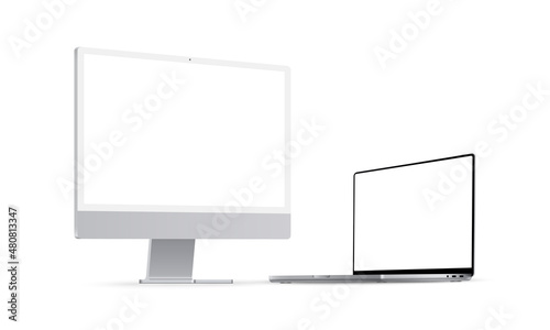 Computer Monitor and Laptop Mockups With Perspective Side View. Showcase Your Website Design Project in Modern Style. Vector illustration