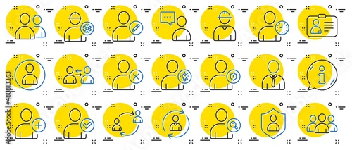 Users line icons. Profile, Group of people and Support signs. ID card, Teamwork people and Businessman user symbols. Person talk, Engineer profile and Human Management. Job support. Vector