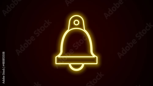 Glowing neon line Church bell icon isolated on black background. Alarm symbol, service bell, handbell sign, notification symbol. 4K Video motion graphic animation