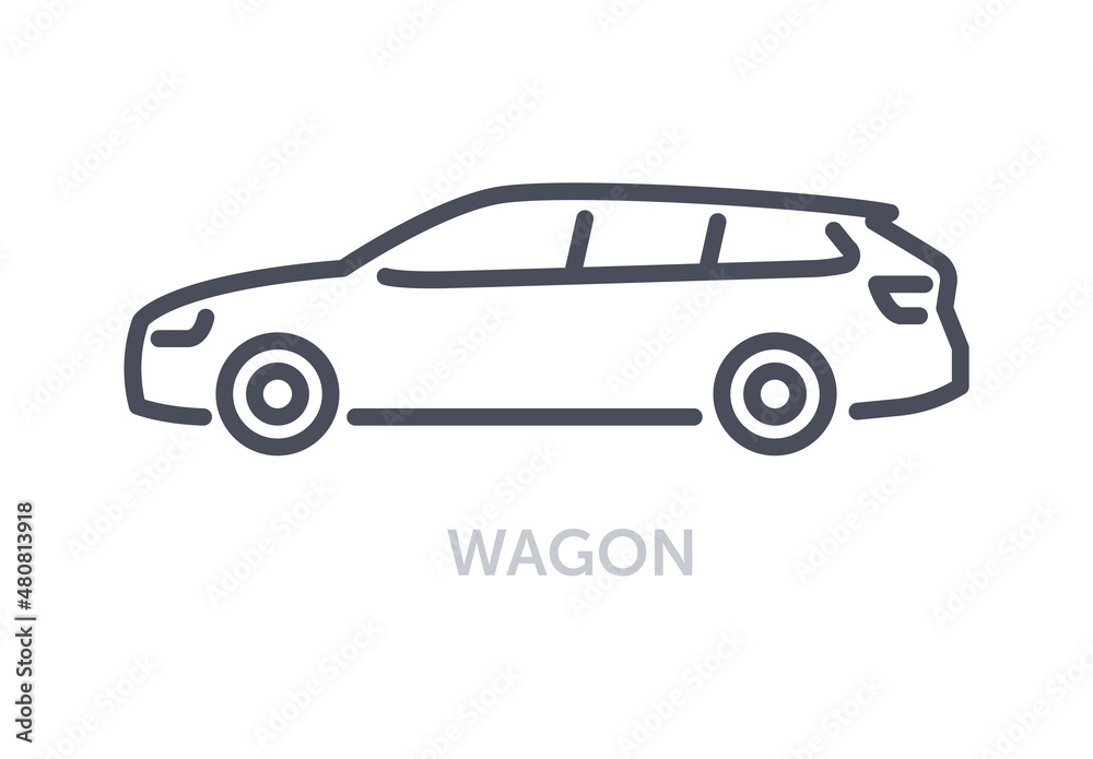 Vehicles types concept. Minimalistic icon with wagon. Big car with spacious interior. Comfortable automobile for family and traveling. Cartoon flat vector illustration isolated on white background