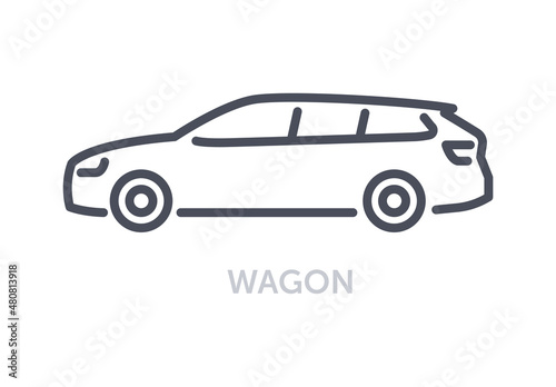 Vehicles types concept. Minimalistic icon with wagon. Big car with spacious interior. Comfortable automobile for family and traveling. Cartoon flat vector illustration isolated on white background