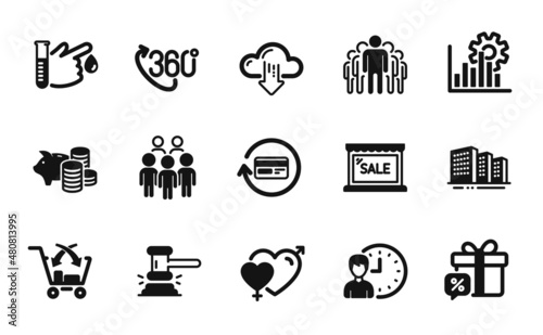 Vector set of Buildings, Judge hammer and Sale gift icons simple set. Sale, Piggy bank and Refund commission icons. Male female, 360 degree and Seo graph signs. Buildings simple web symbol. Vector