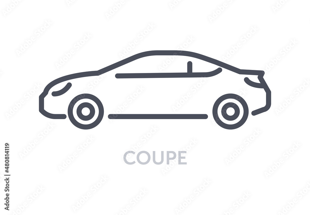 Vehicles types concept. Minimalistic icon with coupe. Small car with two doors. Comfortable double automobile for driving around city. Cartoon flat vector illustration isolated on white background