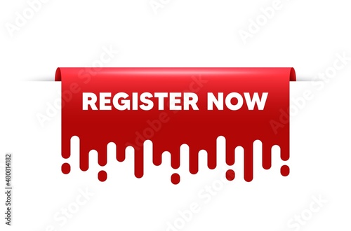 Register now. Red ribbon tag banner. Join today sign. Free subscribe symbol. Register now sticker ribbon badge banner. Red sale label. Vector