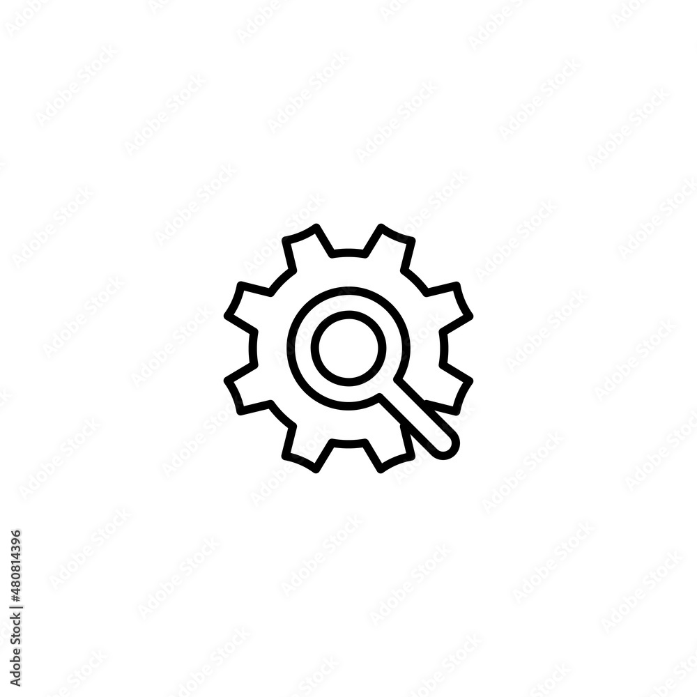 Icono de buscar solución. Engranaje y lupa. Encontrar error y solucionarlo Icono de buscar solución. Engranaje y lupa. Encontrar error y solucionarlo