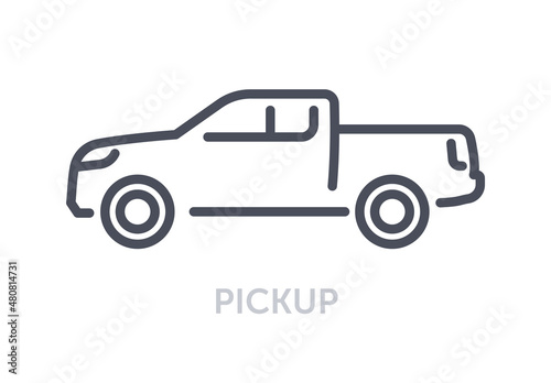 Vehicles types concept. Minimalistic icon with pickup. Large car with open trunk for transporting objects. Automobile for rural areas. Cartoon flat vector illustration isolated on white background