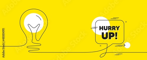 Hurry up sale. Continuous line idea chat bubble banner. Special offer sign. Advertising discounts symbol. Hurry up sale chat message lightbulb. Idea light bulb yellow background. Vector