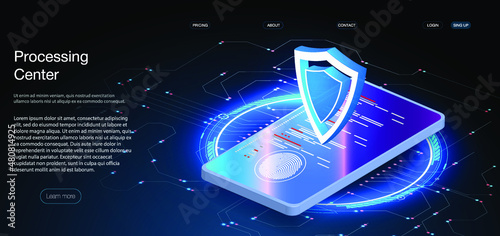 Network mobile security isometric. Online server protection system concept with data center or blockchain. Cyber security, data protection, cyberattacks concept on blue background. Database security