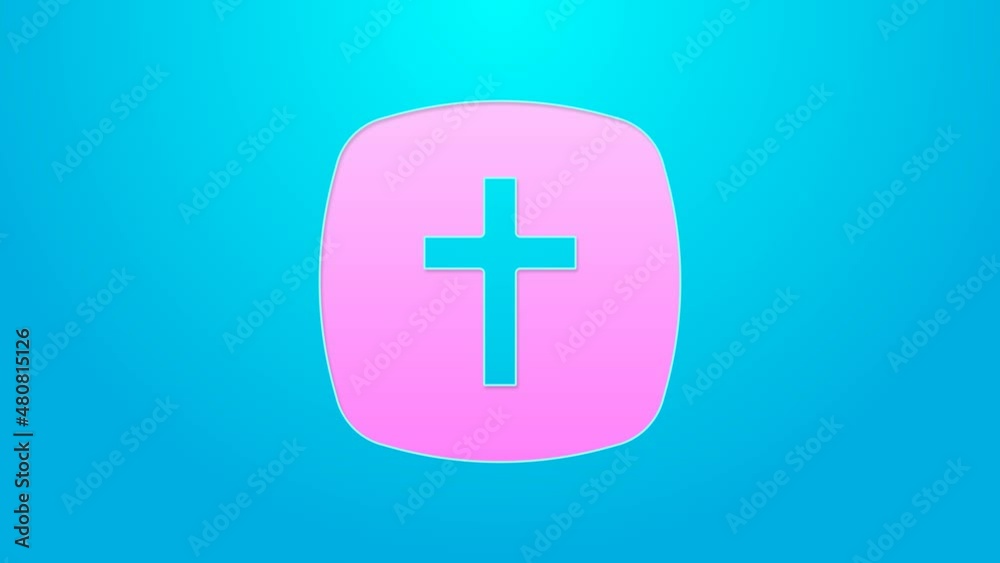 Pink line Christian cross icon isolated on blue background. Church cross. 4K Video motion graphic animation