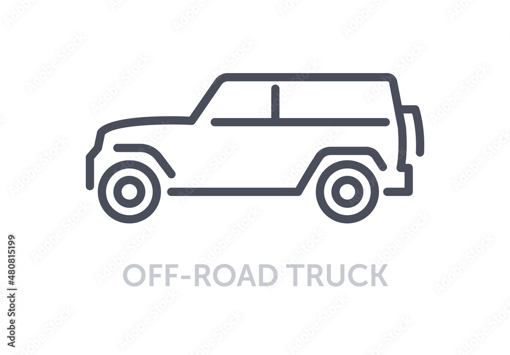 Vehicles types concept. Minimalistic icon with Off road truck. Large car with powerful engine for driving through hills and countryside. Cartoon flat vector illustration isolated on white background