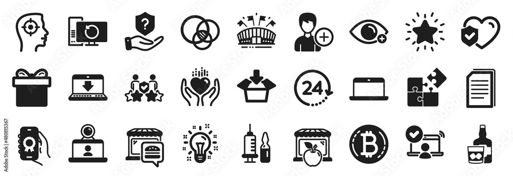 Set of Business icons, such as 24 hours, Security agency, Market icons. Rank star, Idea, Whiskey glass signs. Recruitment, Food market, Internet downloading. Recovery computer, Puzzle. Vector Set of Business icons, such as 24 hours, Security agency, Market icons. Rank star, Idea, Whiskey glass signs. Recruitment, Food market, Internet downloading. Recovery computer, Puzzle. Vector