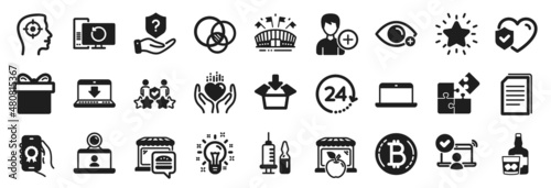 Set of Business icons, such as 24 hours, Security agency, Market icons. Rank star, Idea, Whiskey glass signs. Recruitment, Food market, Internet downloading. Recovery computer, Puzzle. Vector