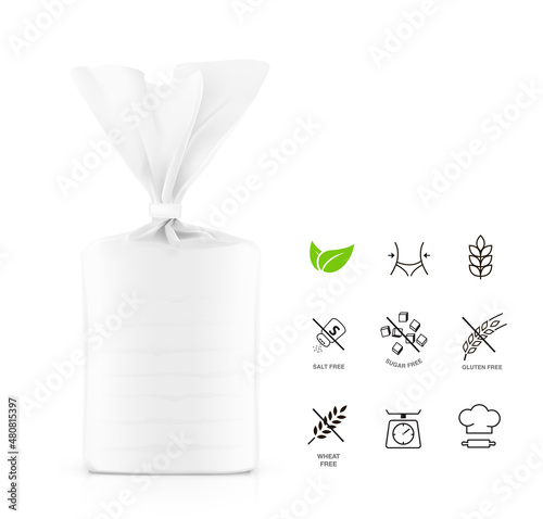 Vertical bag mockup with clip band. Vector illustration isolated on white background ready and simple to use for your design. Mockup will make the presentation look as realistic as possible. EPS10.