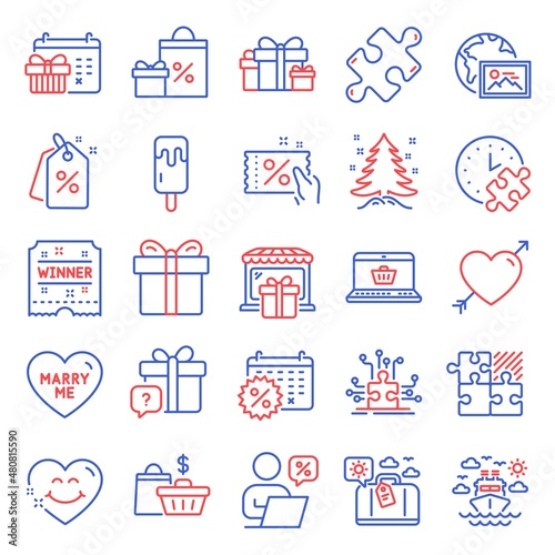 Holidays icons set. Included icon as Calendar discounts, Online discounts, Web photo signs. Gift box, Christmas calendar, Love symbols. Secret gift, Marry me, Online shopping. Puzzle time. Vector
