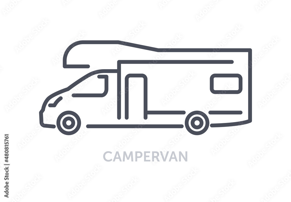 Vehicles types concept. Minimalistic icon with campervan. Large car for hiking in forest or mountain. Mobile home. Design element for web. Cartoon flat vector illustration isolated on white background