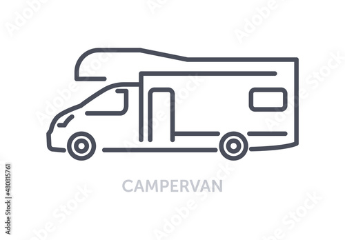 Vehicles types concept. Minimalistic icon with campervan. Large car for hiking in forest or mountain. Mobile home. Design element for web. Cartoon flat vector illustration isolated on white background