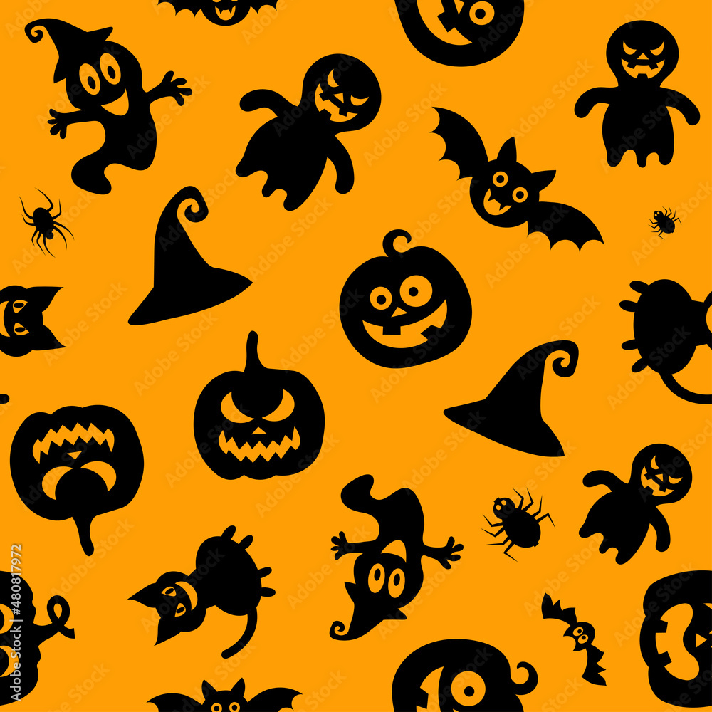 Seamless vector pattern for Halloween design. Halloween symbols: ghost, spider in cartoon style. Vector Illustration.