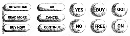 A set of vector rounded CTA buttons in grunge style elongated and round. The concept of website decoration, web design, business, etc.