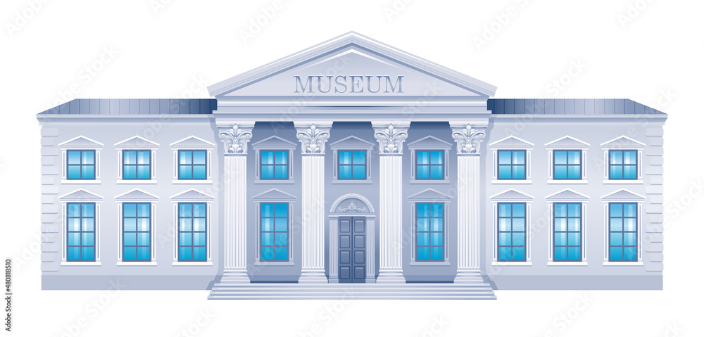 Museum building. Vector Exterior illustration. Cartoon house can be art gallery, bank, government, university, institute, campus, court. Flat museum palace front icon. Architecture on white background
