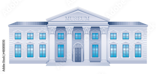 Museum building. Vector Exterior illustration. Cartoon house can be art gallery, bank, government, university, institute, campus, court. Flat museum palace front icon. Architecture on white background