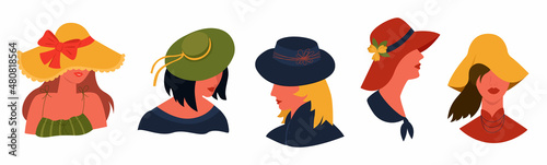 Vector set of women s heads with hats on them. The straw beach hat, boater, fedora, slouch, cloche are depicted. The concept of headdress, fashion. photo