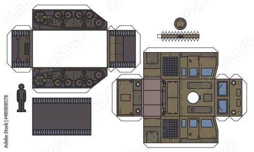 The paper model of a vintage khaki green military armoured tracked carrier