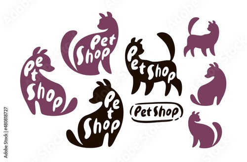 Pet shop badge logo with dog and cat icon. Animals vector illustration