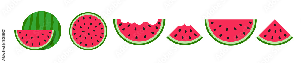 Fresh and juicy watermelons and slices icon - obrazy, fototapety, plakaty 