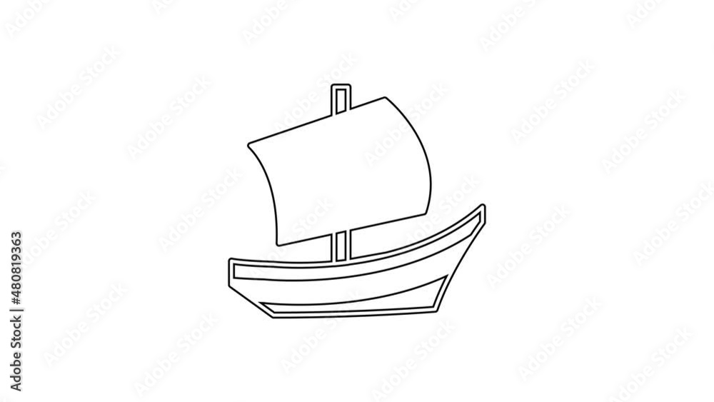 Black line Egyptian ship icon isolated on white background. Egyptian papyrus boat. 4K Video motion graphic animation Black line Egyptian ship icon isolated on white background. Egyptian papyrus boat. 4K Video motion graphic animation