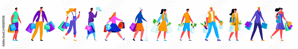 Vector illustration set, collection characters in everyday life, walking down street with shopping, packages, food. Images are of men, women, young, elderly, teenagers, pregnant woman.