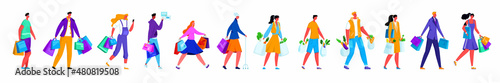 Vector illustration set, collection characters in everyday life, walking down street with shopping, packages, food. Images are of men, women, young, elderly, teenagers, pregnant woman.