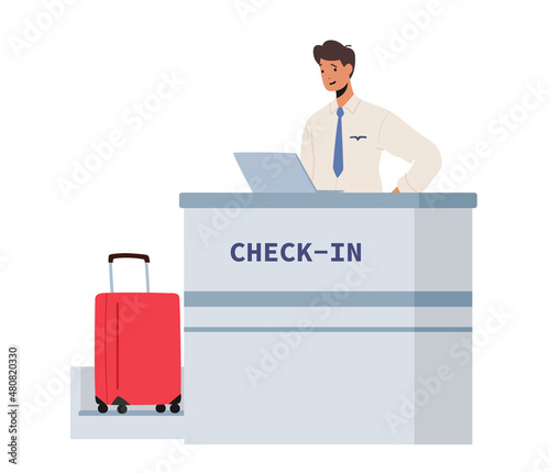 Smiling Man Officer at Check-in Counter Desk with Laptop and Luggage. Airport Staff Male Character Boarding Pass