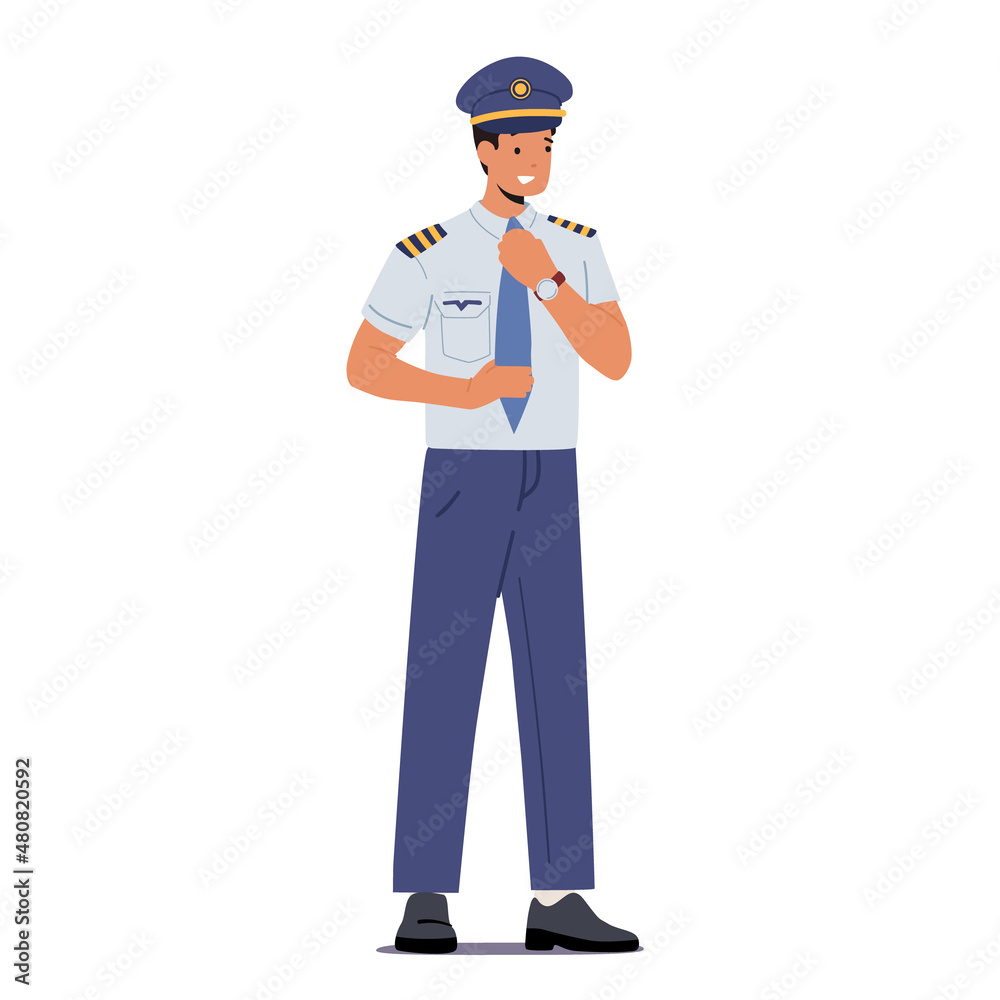 Pilot of Airplane Isolated on White Background. Aviation Male Aircrew Wearing Uniform, Airport Staff, Jet Plane Captain