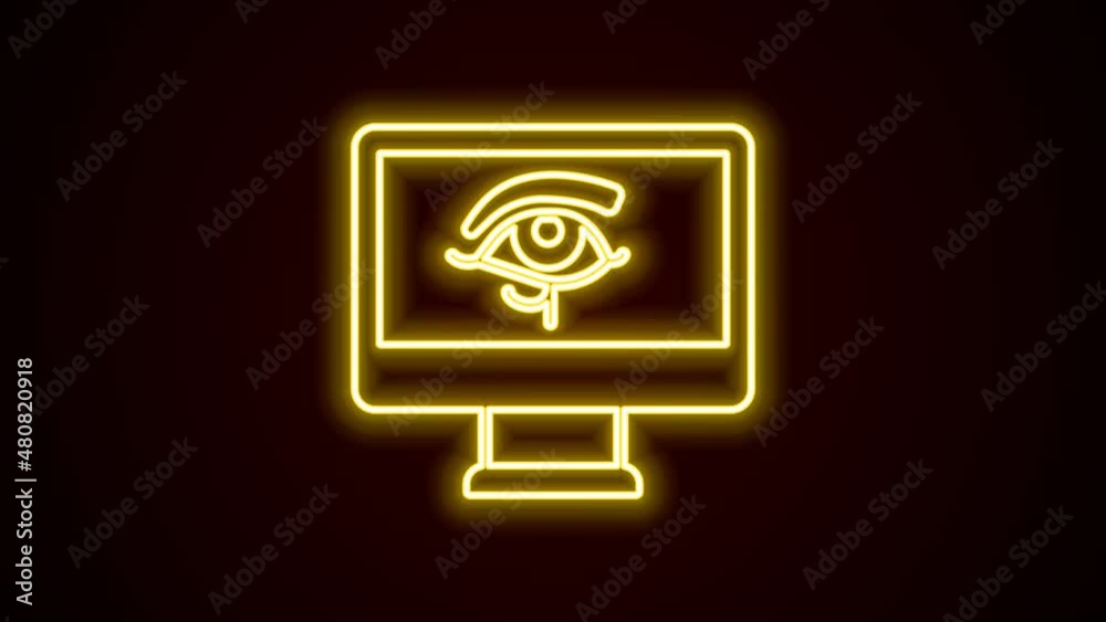 Glowing neon line Eye of Horus on monitor icon isolated on black background. Ancient Egyptian goddess Wedjet symbol of protection, royal power and good health. 4K Video motion graphic animation