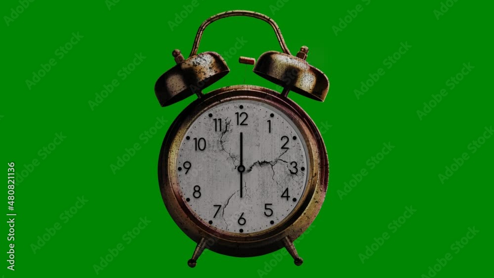 Alarm Clock Grunge Cracked Green Screen 4K Loop features an old grungy cracked alarm clock with hands spinning and hammer going back and forth in a loop against a green screen.