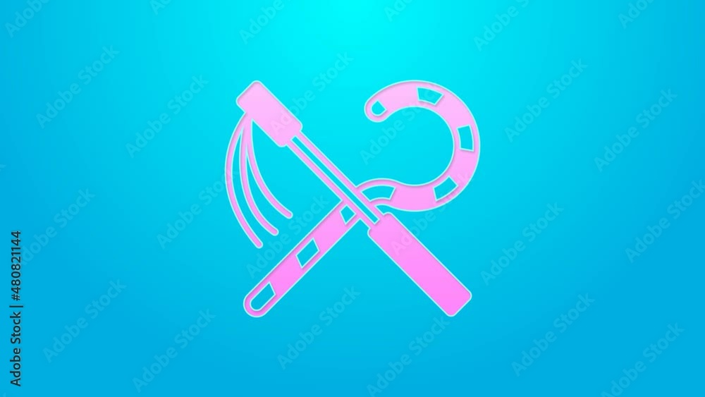 Pink line Crook and flail icon isolated on blue background. Ancient Egypt symbol. Scepters of egypt. 4K Video motion graphic animation Pink line Crook and flail icon isolated on blue background. Ancient Egypt symbol. Scepters of egypt. 4K Video motion graphic animation
