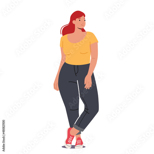 Plus Size Lady Fashion, Plump Woman Dressed in Tight Black Jeans, Sneakers and Slinky Yellow Top Posing, Attractive Girl © Hanna Syvak