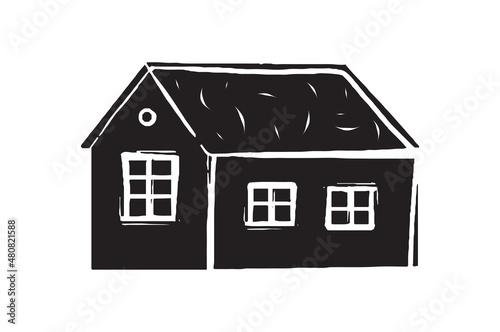 Agriculture and Farming concept. Minimalistic icon with black animal shed and farmhouse. Sticker with barn with windows. Cartoon flat hand drawn vector illustration isolated on white background