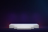 Abstract modern white stone stage cube shape podium on dark background with blue purple orange light effects for luxury product ads