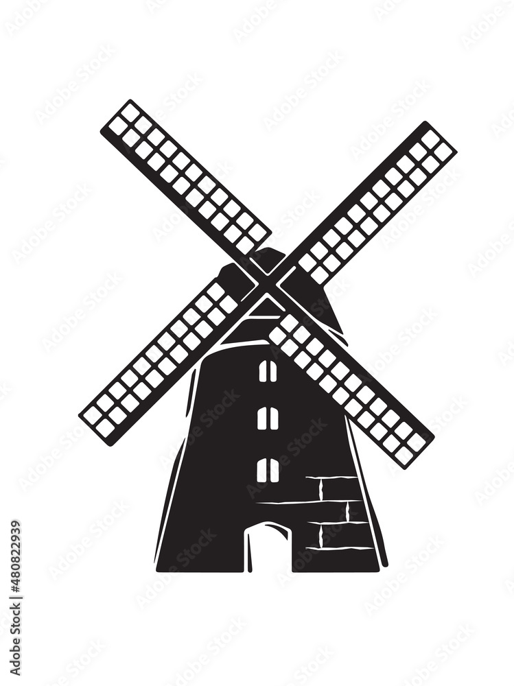 Agriculture and Farming concept. Minimalistic sticker with windmill and tall tower. Dark design element for poster and banner. Cartoon flat hand drawn vector illustration isolated on white background
