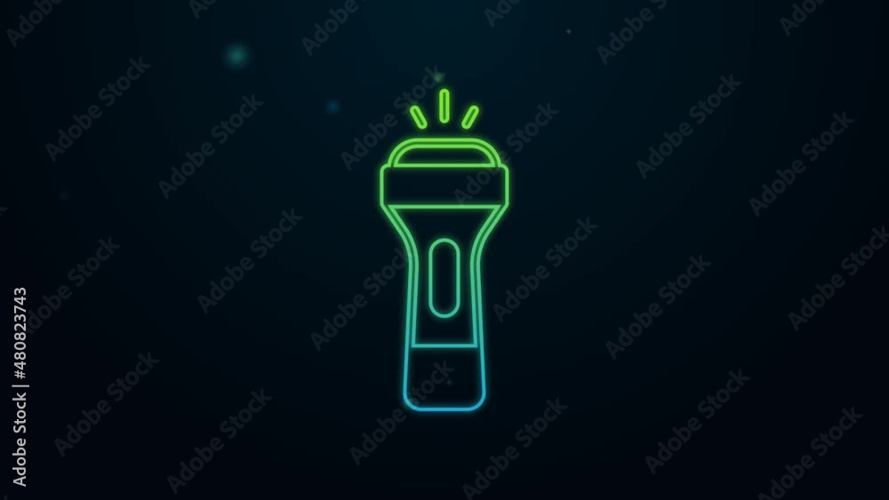 Glowing neon line Flashlight icon isolated on black background. 4K Video motion graphic animation Glowing neon line Flashlight icon isolated on black background. 4K Video motion graphic animation