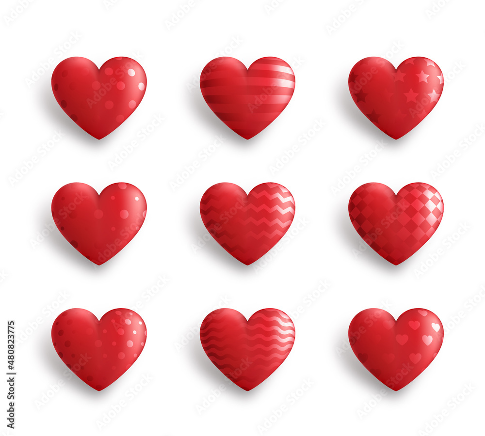 Set of red 3D hearts with different patterns isolated on white background. Decorations for valentine's day. Vector Illustration Set of red 3D hearts with different patterns isolated on white background. Decorations for valentine's day. Vector Illustration