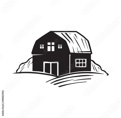 Agriculture and Farming concept. Simple dark sticker with small shed for animals and equipment or farmhouse. Barn on field. Cartoon flat hand drawn vector illustration isolated on white background